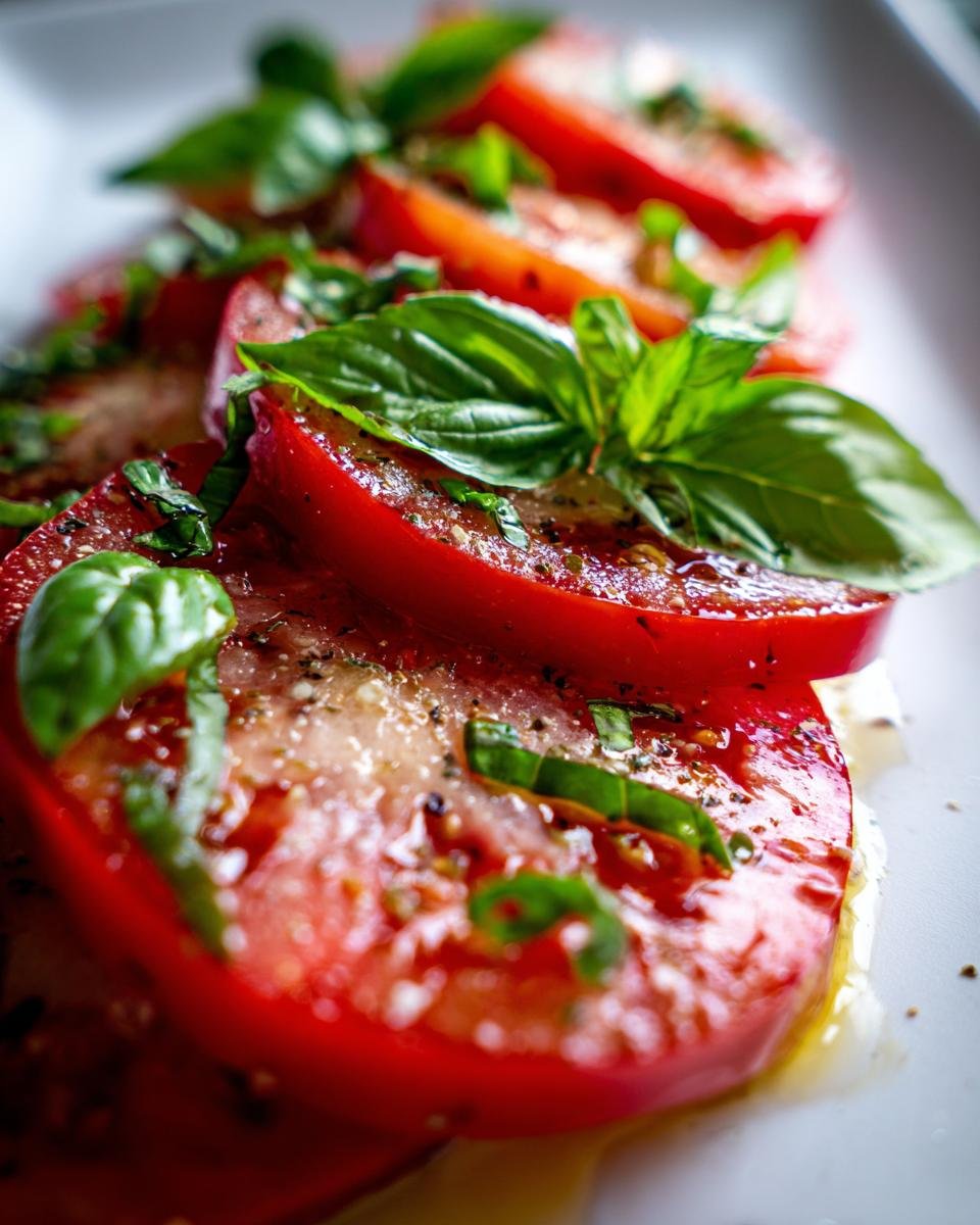 Close-up of refreshing marinated tomatoes with fresh basil, seasoned with pepper and drizzled with oil.