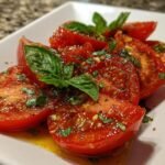 Close-up of juicy, sliced tomatoes marinated with herbs and spices, garnished with fresh basil leaves.