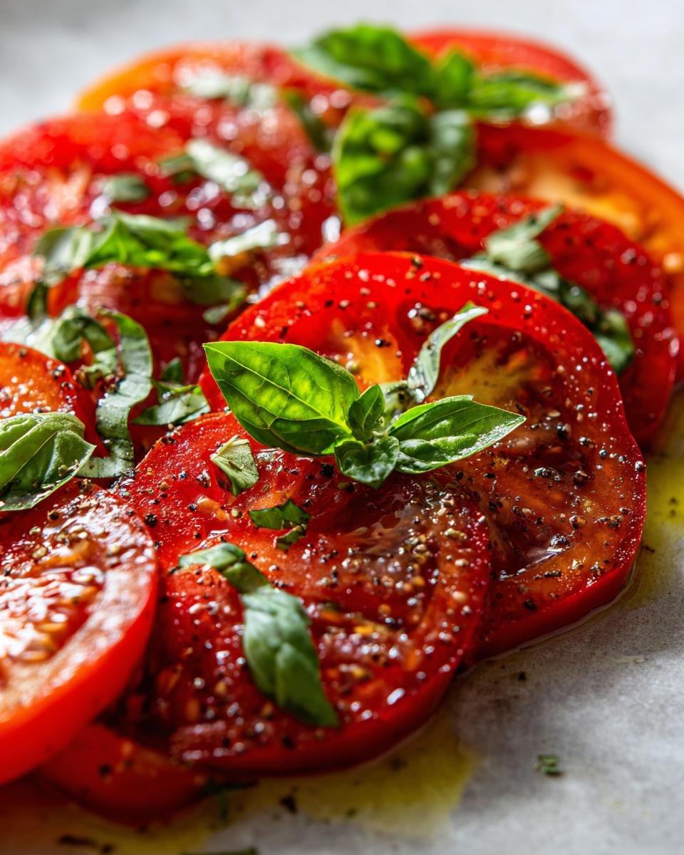 Close-up of sliced tomatoes marinated with herbs and spices, a perfect Refreshing Marinated Tomatoes Memorial Day Delight.