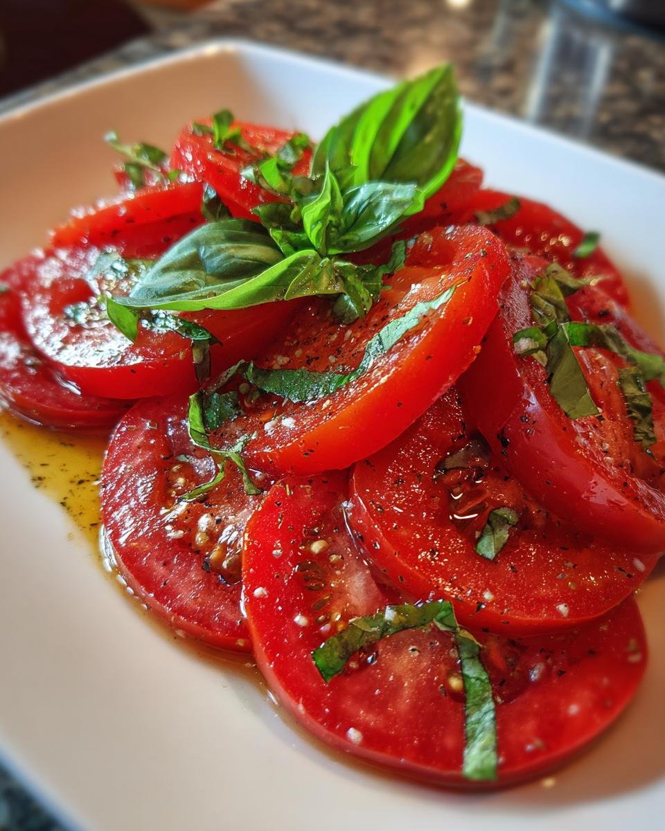 Close-up of Refreshing Marinated Tomatoes Memorial Day Delight, sliced and dressed with herbs and vinaigrette.