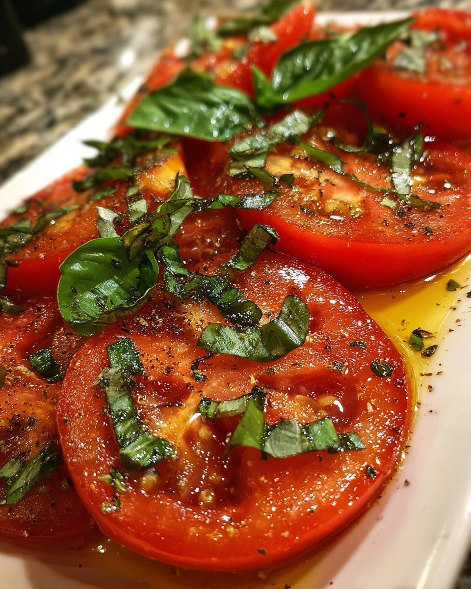 Close-up of sliced, refreshing marinated tomatoes with fresh basil, seasoned for a Memorial Day delight.
