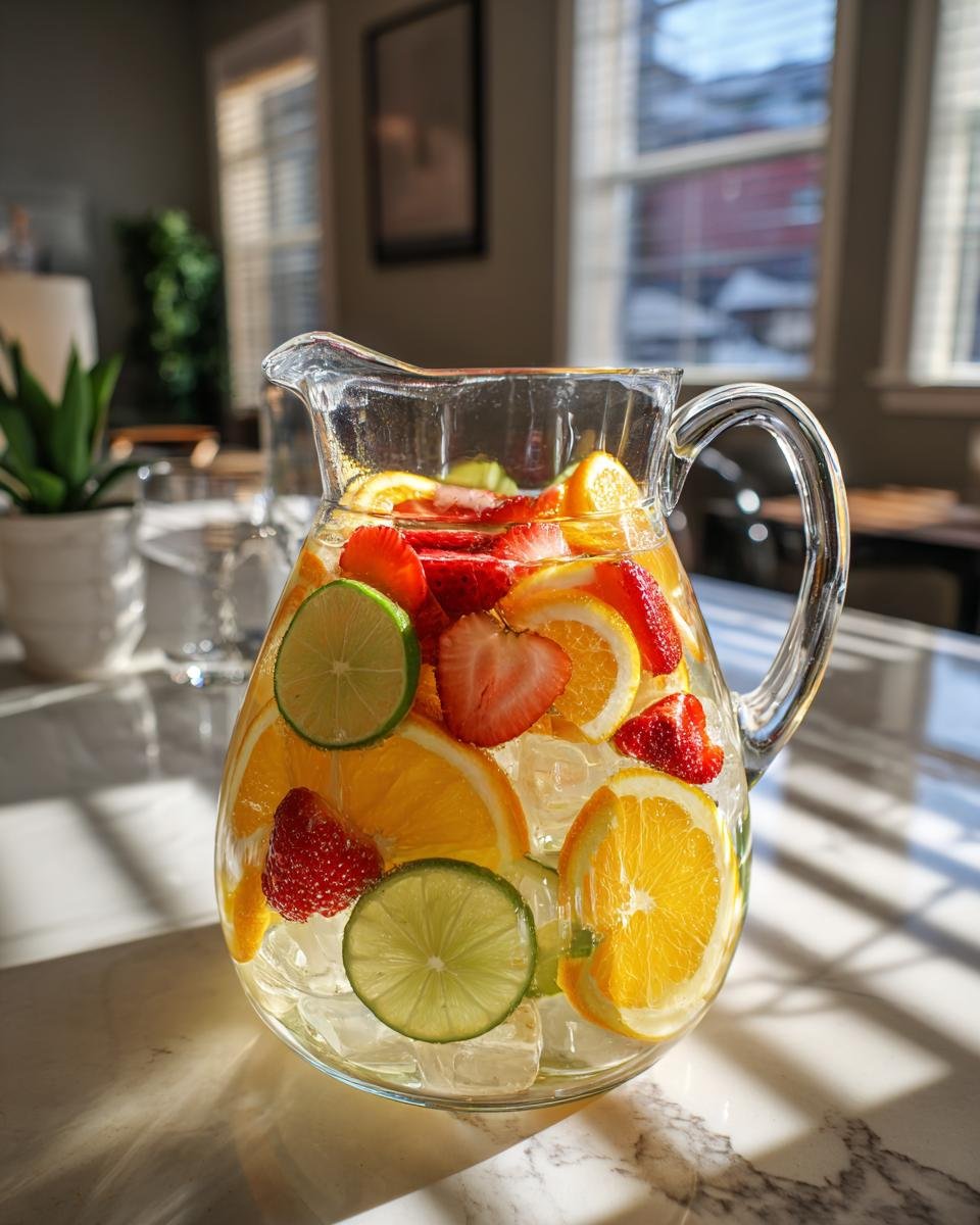 A pitcher filled with ice, sliced oranges, limes, and strawberries for a refreshing white sangria recipe.