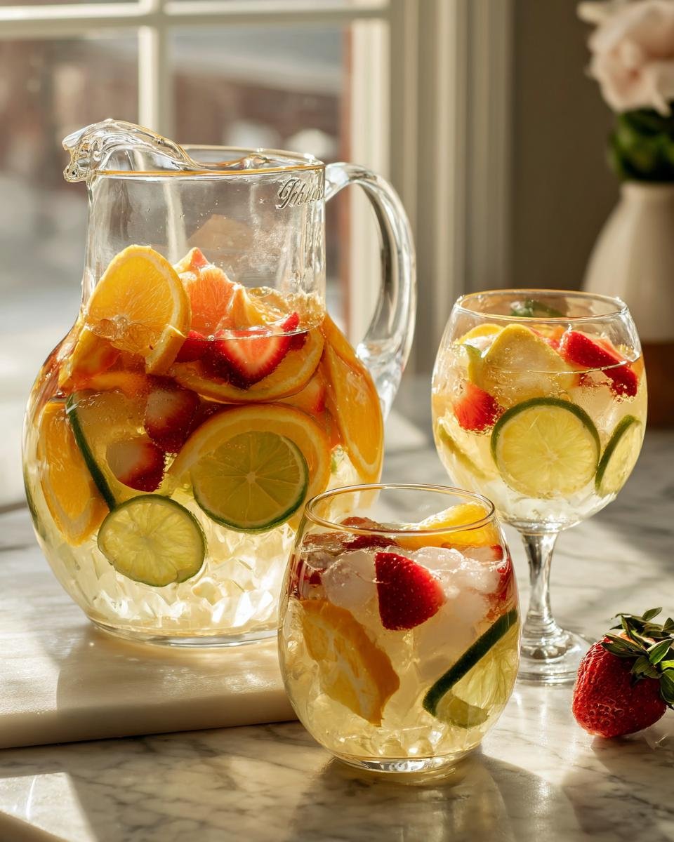 A pitcher and two glasses filled with refreshing white sangria, packed with strawberries, oranges, and limes.