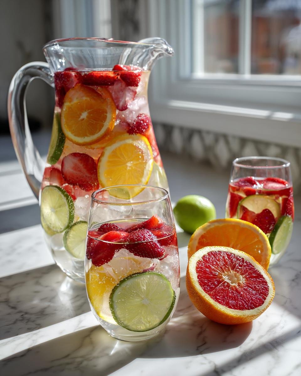 A pitcher and glasses filled with Refreshing White Sangria Recipe For Summer Bliss, packed with strawberries, oranges, and limes on ice.