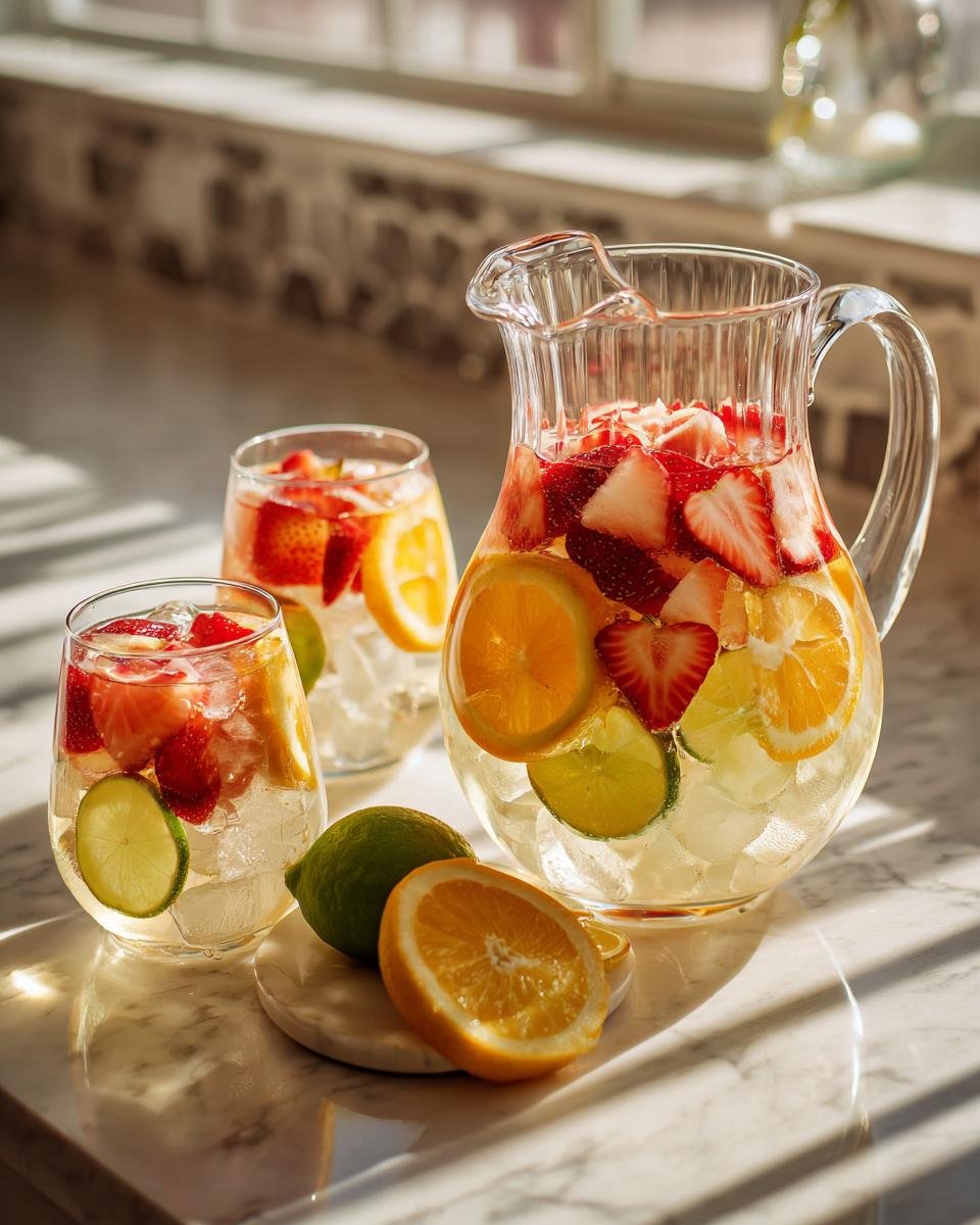 A pitcher and glasses filled with Refreshing White Sangria Recipe For Summer Bliss, packed with strawberries, oranges, and limes.