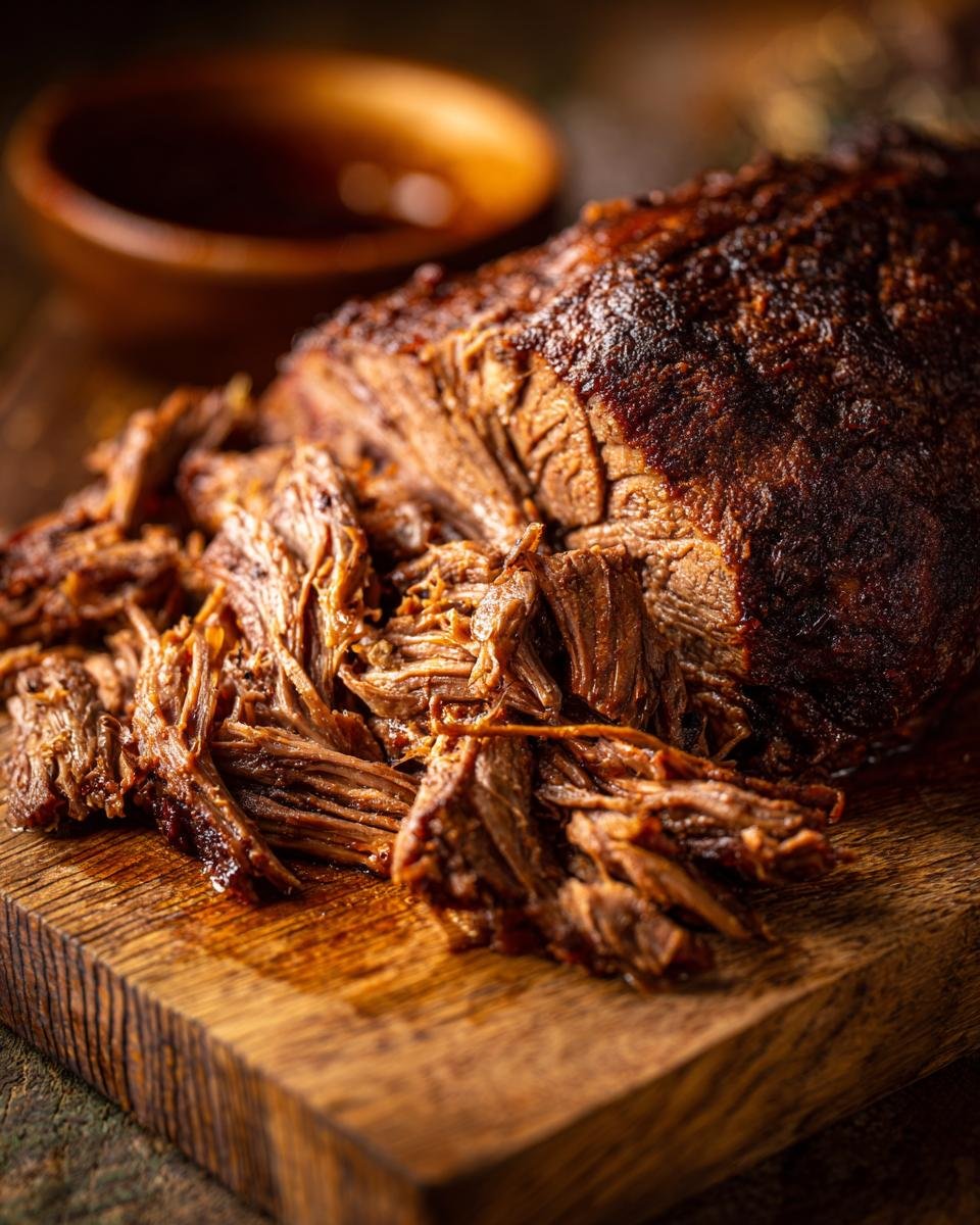 Close-up of a shredded Savory Traeger Mississippi Pot Roast on a wooden cutting board with a bowl of au jus in the background.