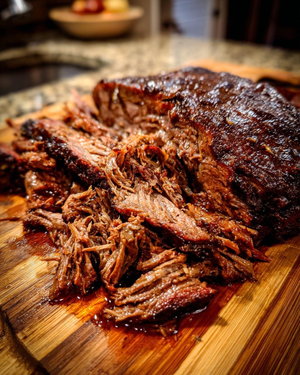 Shredded Savory Traeger Mississippi Pot Roast on a wooden cutting board, glistening with juices.