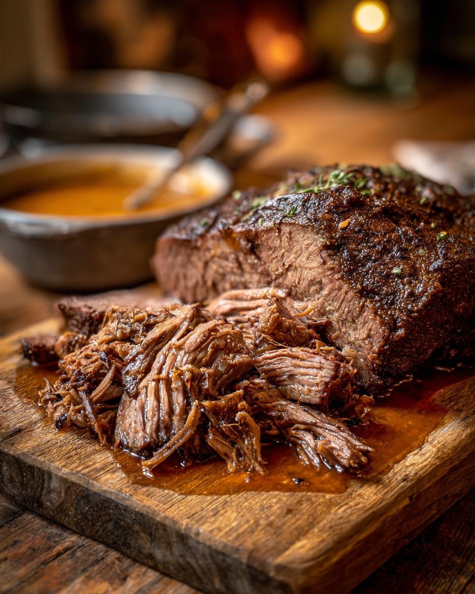 Shredded Savory Traeger Mississippi Pot Roast on a wooden board with gravy in a bowl.