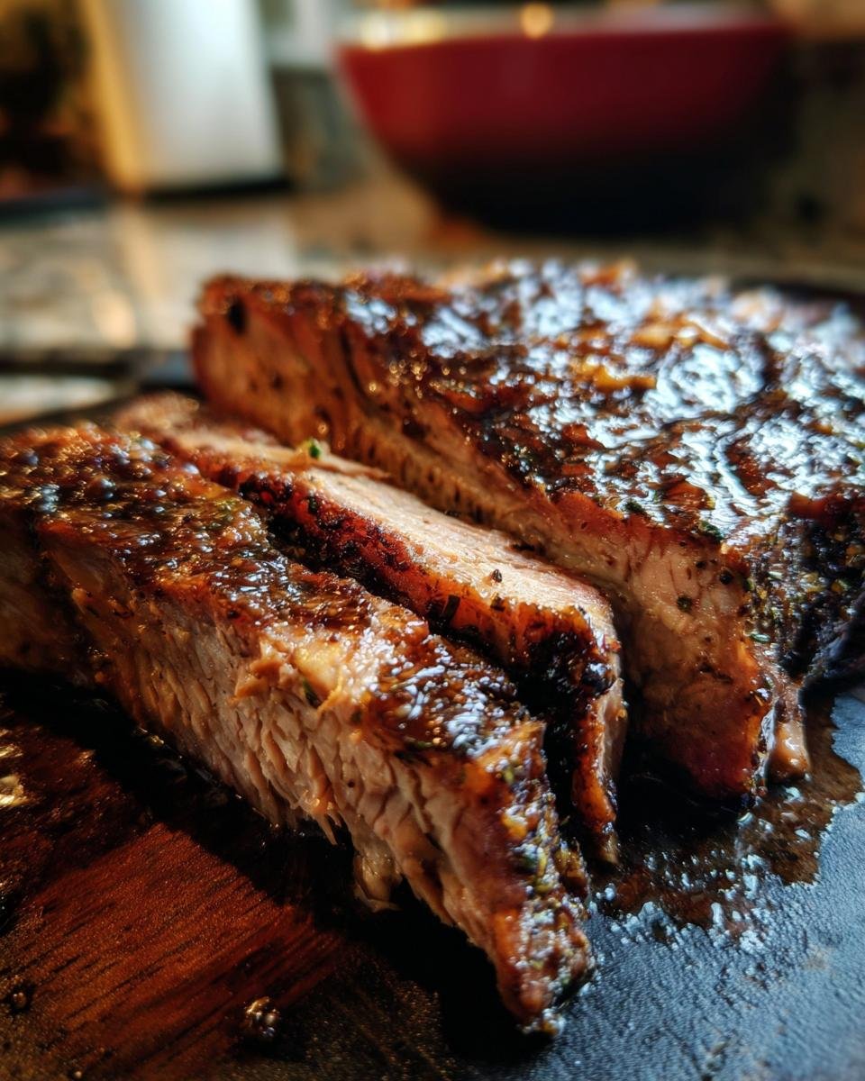 Close-up of tender, sliced Savory Traeger Mississippi Pot Roast with a glossy glaze.