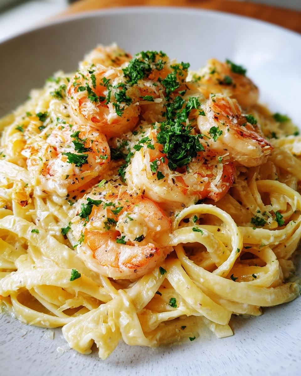 Close-up of Irresistible Shrimp Alfredo Fettuccine Creamy Recipe, featuring plump shrimp and creamy fettuccine pasta topped with parsley.