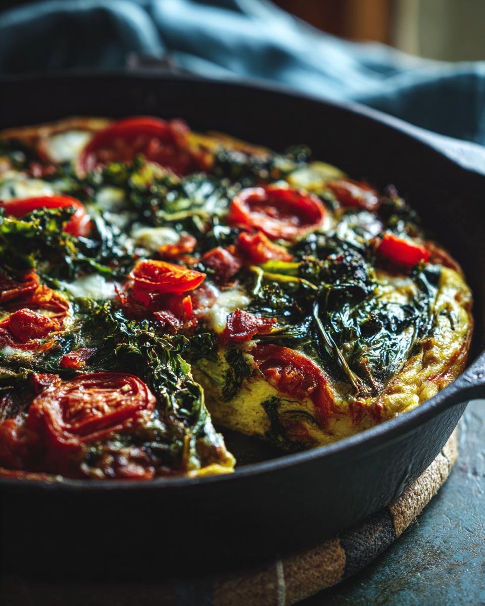 A vibrant spring frittata baked in a cast-iron skillet, topped with fresh tomatoes and greens.