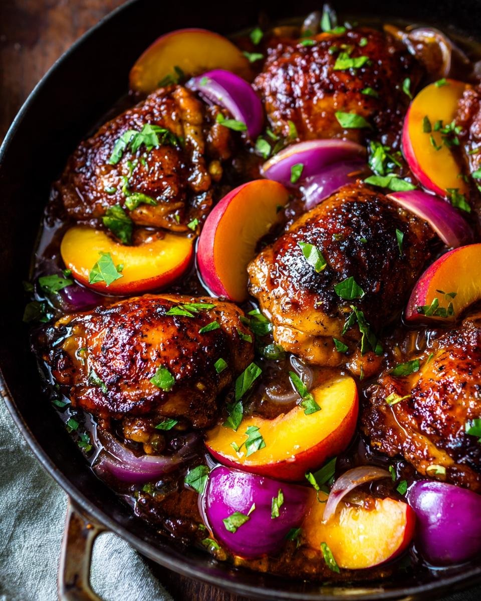 Close-up of Sweet Savory Peach Chicken recipe in a pan with glazed chicken thighs, sliced peaches, and red onion wedges, garnished with parsley.