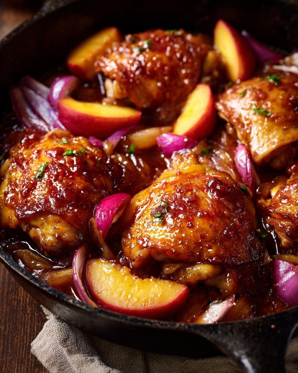 Close-up of Sweet Savory Peach Chicken Recipe in a cast iron skillet with peaches and red onions.
