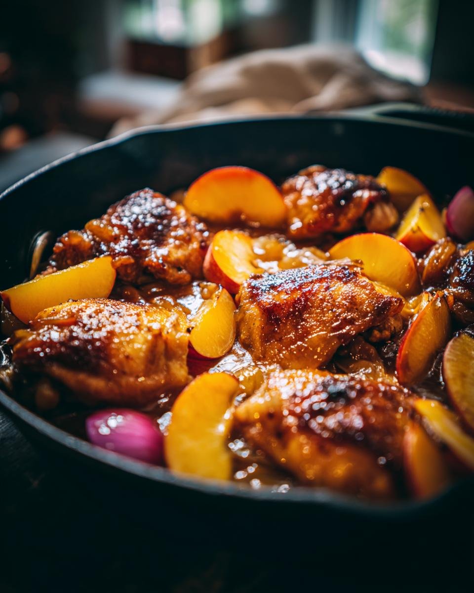 Close-up of Sweet Savory Peach Chicken in a cast iron skillet with sliced peaches and red onions.
