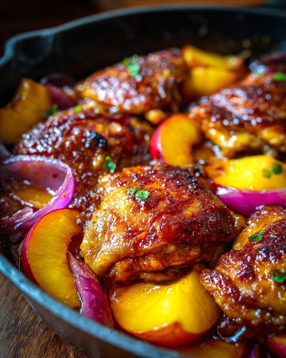 Close-up of a Sweet Savory Peach Chicken recipe cooked in a cast iron skillet with fresh peaches and red onion.