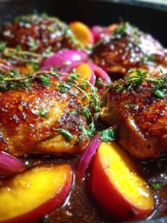 Close-up of glistening Sweet Savory Peach Chicken thighs cooked with peaches and red onions, garnished with fresh thyme.