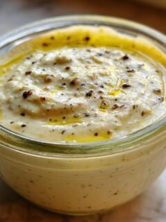 Close-up of Ultimate Caesar Dressing Recipe in a glass jar, topped with olive oil and black pepper.