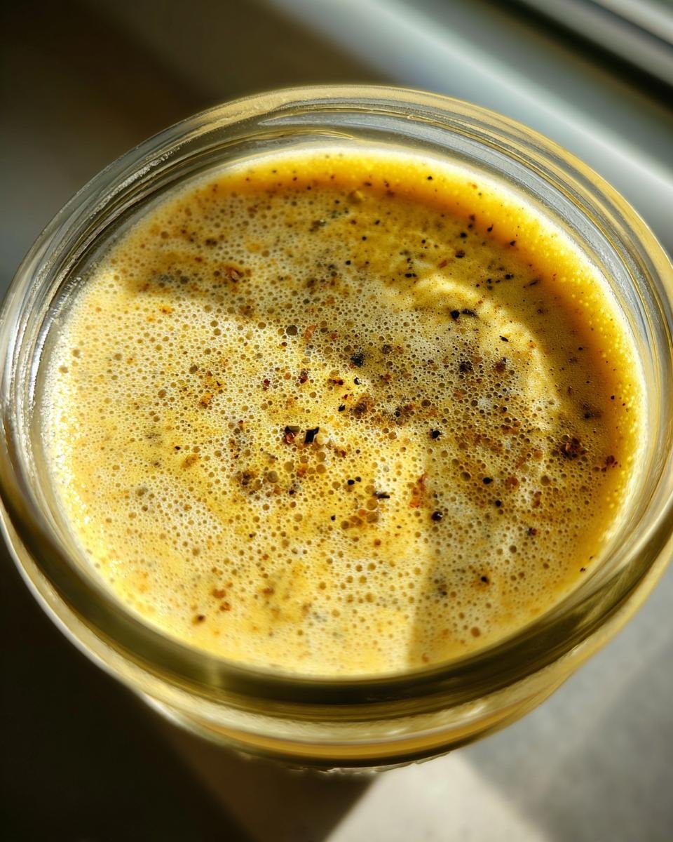 Close-up of foamy Ultimate Caesar Dressing Recipe in a jar, with flecks of pepper.