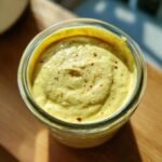 A jar filled with creamy, yellow Ultimate Caesar Dressing Recipe, sprinkled with red pepper flakes.