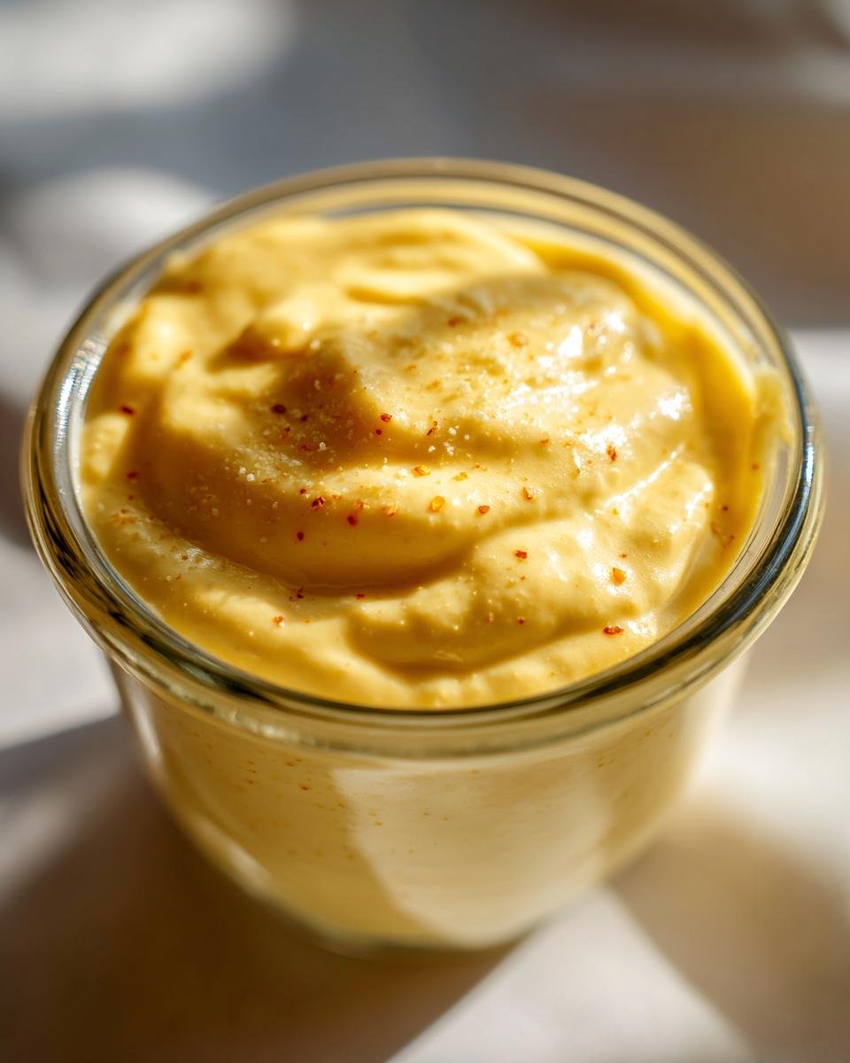Close-up of creamy Ultimate Caesar Dressing Recipe in a glass jar, sprinkled with red pepper flakes.
