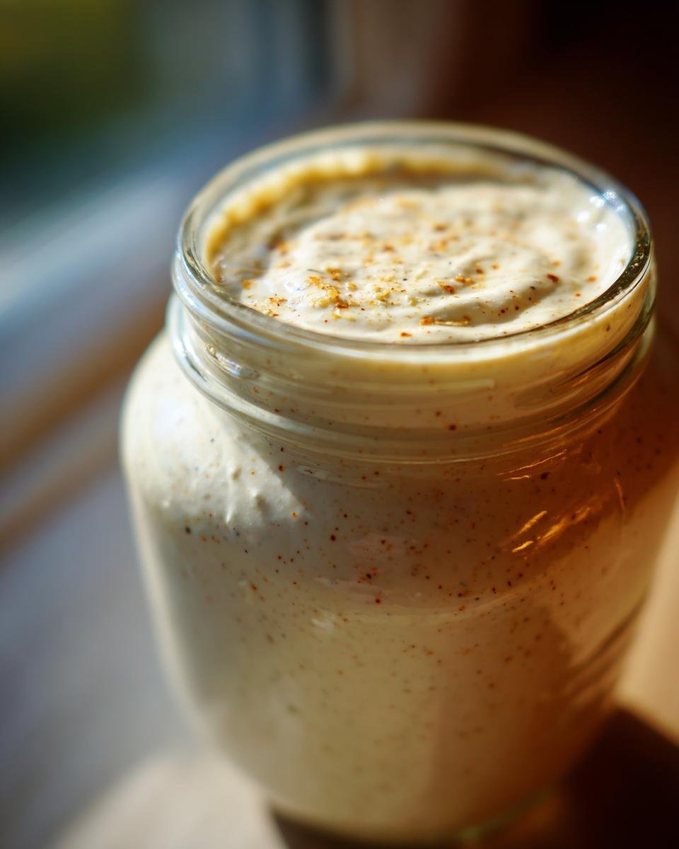 Close-up of a jar filled with creamy Ultimate Caesar Dressing Recipe, sprinkled with spices.