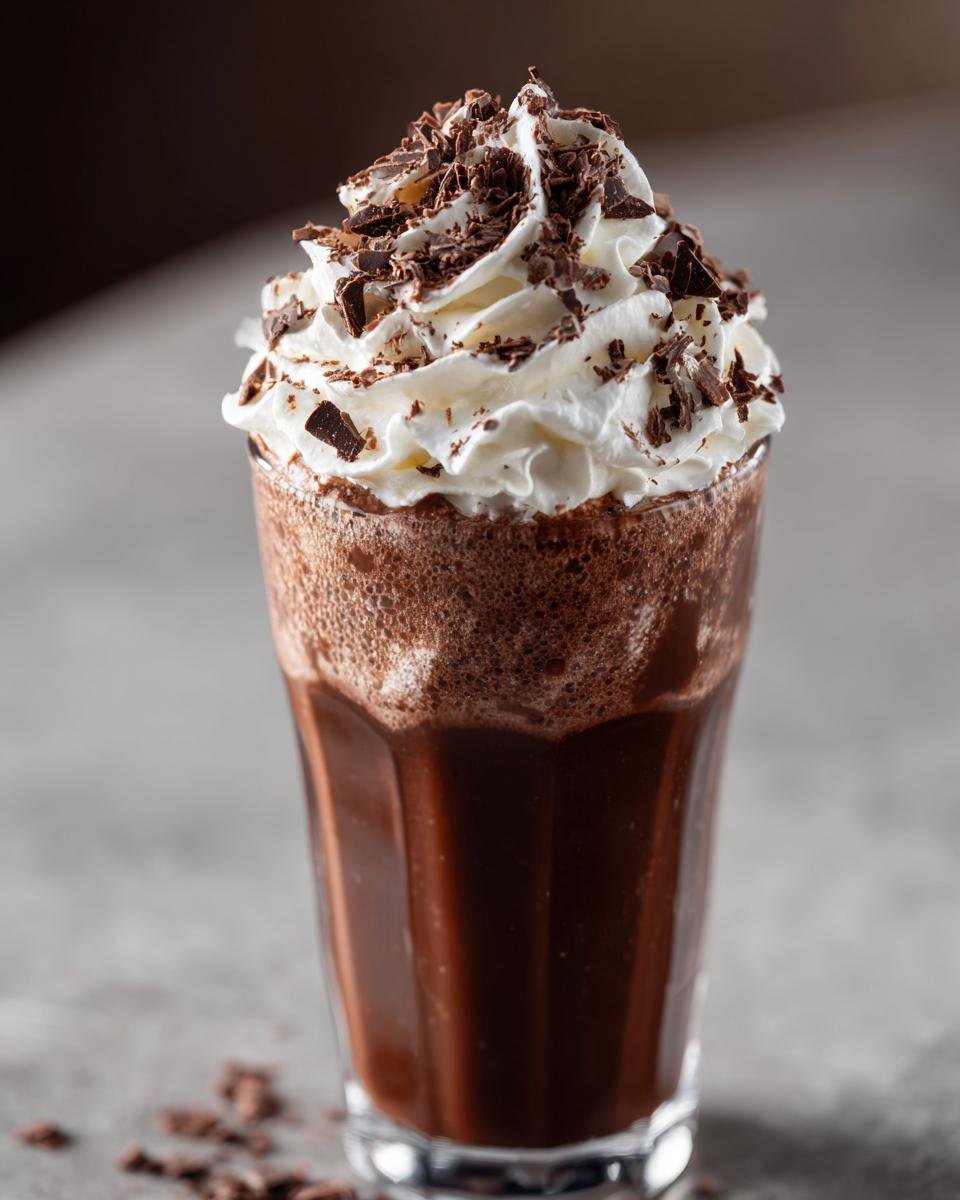 A tall glass filled with a rich chocolate milkshake, topped with generous whipped cream and dark chocolate shavings.