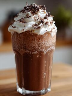 A tall glass filled with a rich chocolate milkshake delight, topped generously with whipped cream and chocolate shavings.