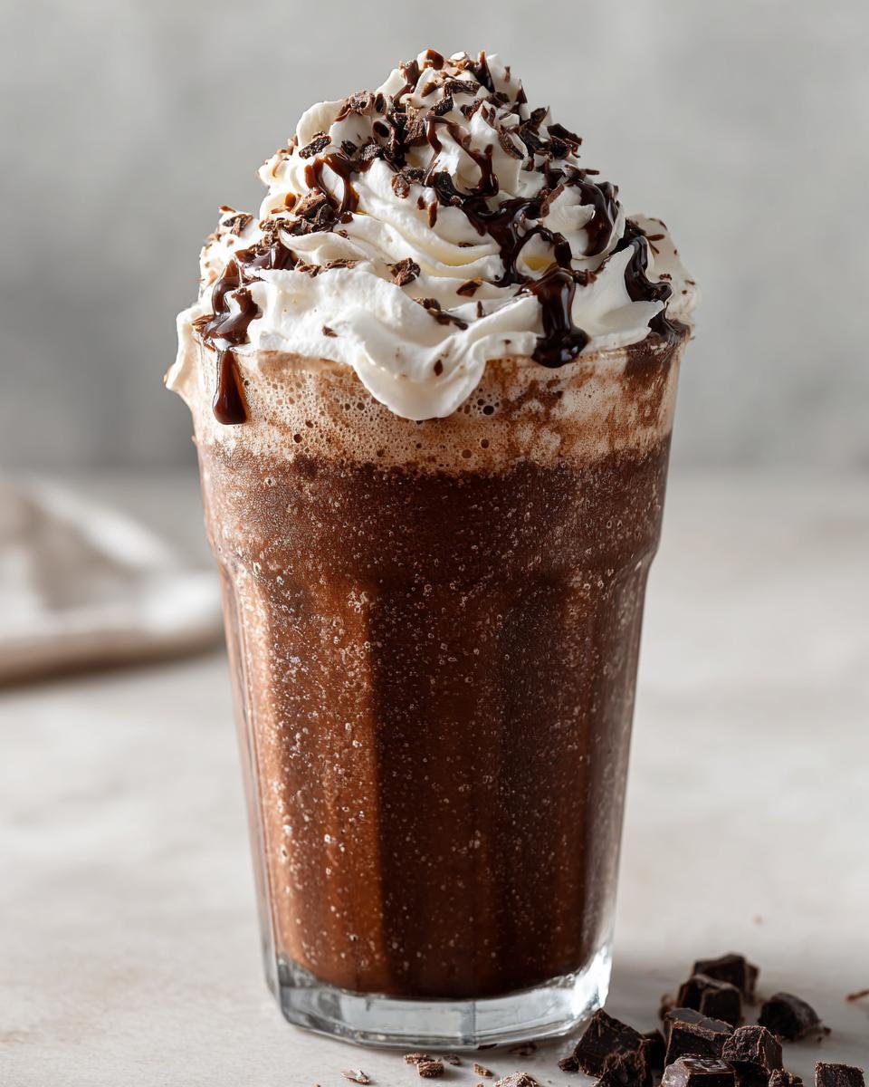 A tall glass filled with a rich chocolate milkshake, topped with whipped cream, chocolate shavings, and a drizzle of chocolate syrup. This is the ultimate chocolate milkshake delight.