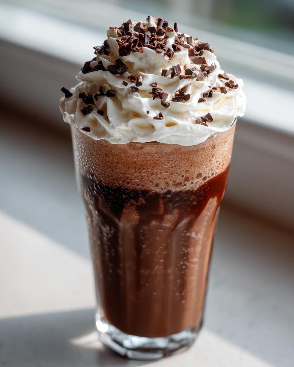 A tall glass filled with a rich chocolate milkshake, topped with whipped cream and chocolate shavings, part of the Ultimate Chocolate Milkshake Delight.