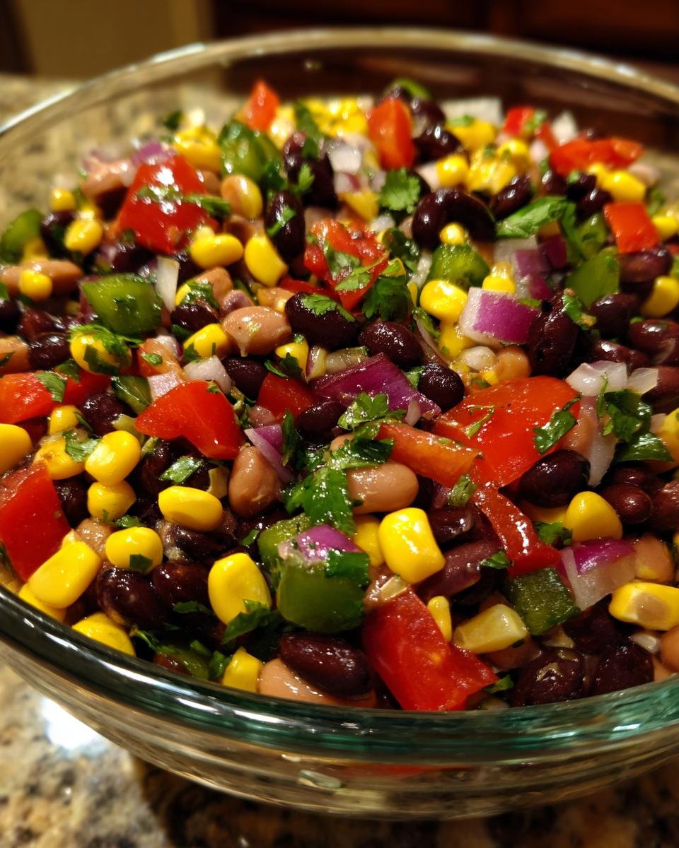 A close-up of a glass bowl filled with Ultimate Cowboy Caviar, a colorful mix of beans, corn, tomatoes, and onions.
