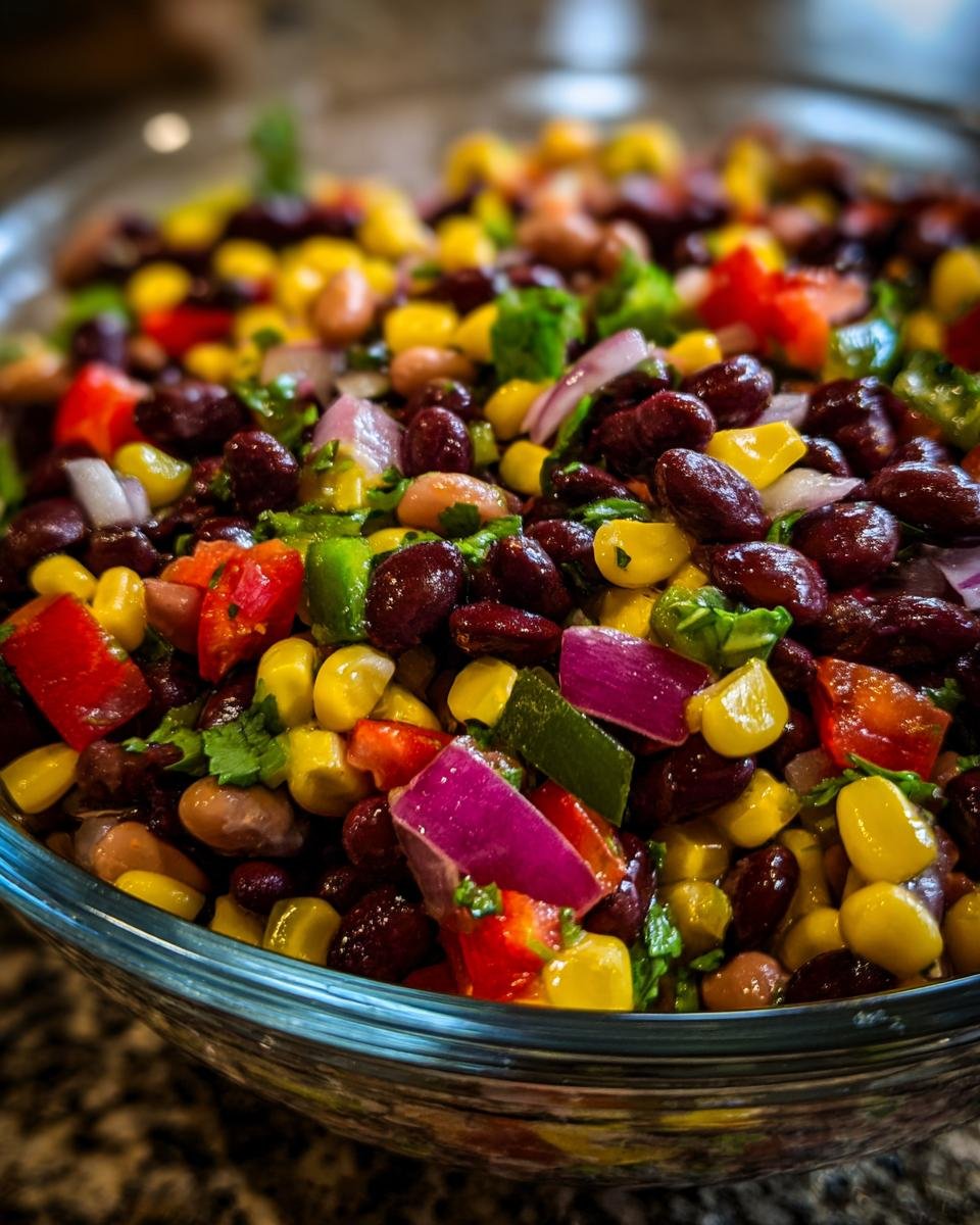 A close-up of Ultimate Cowboy Caviar, a colorful mix of beans, corn, red and green peppers, and red onion in a glass bowl.