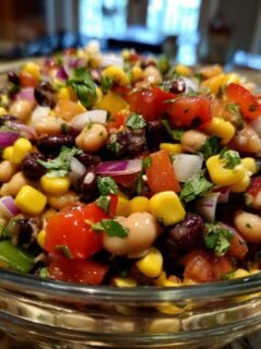 A close-up of a clear glass bowl filled with Ultimate Cowboy Caviar, a colorful mix of beans, corn, tomatoes, and onions.