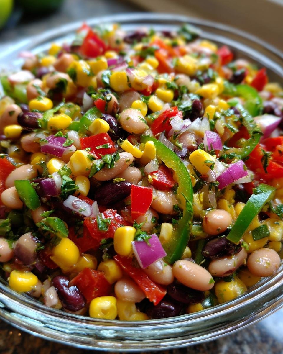 Close-up of Ultimate Cowboy Caviar, a colorful mix of beans, corn, peppers, and onions in a glass bowl.