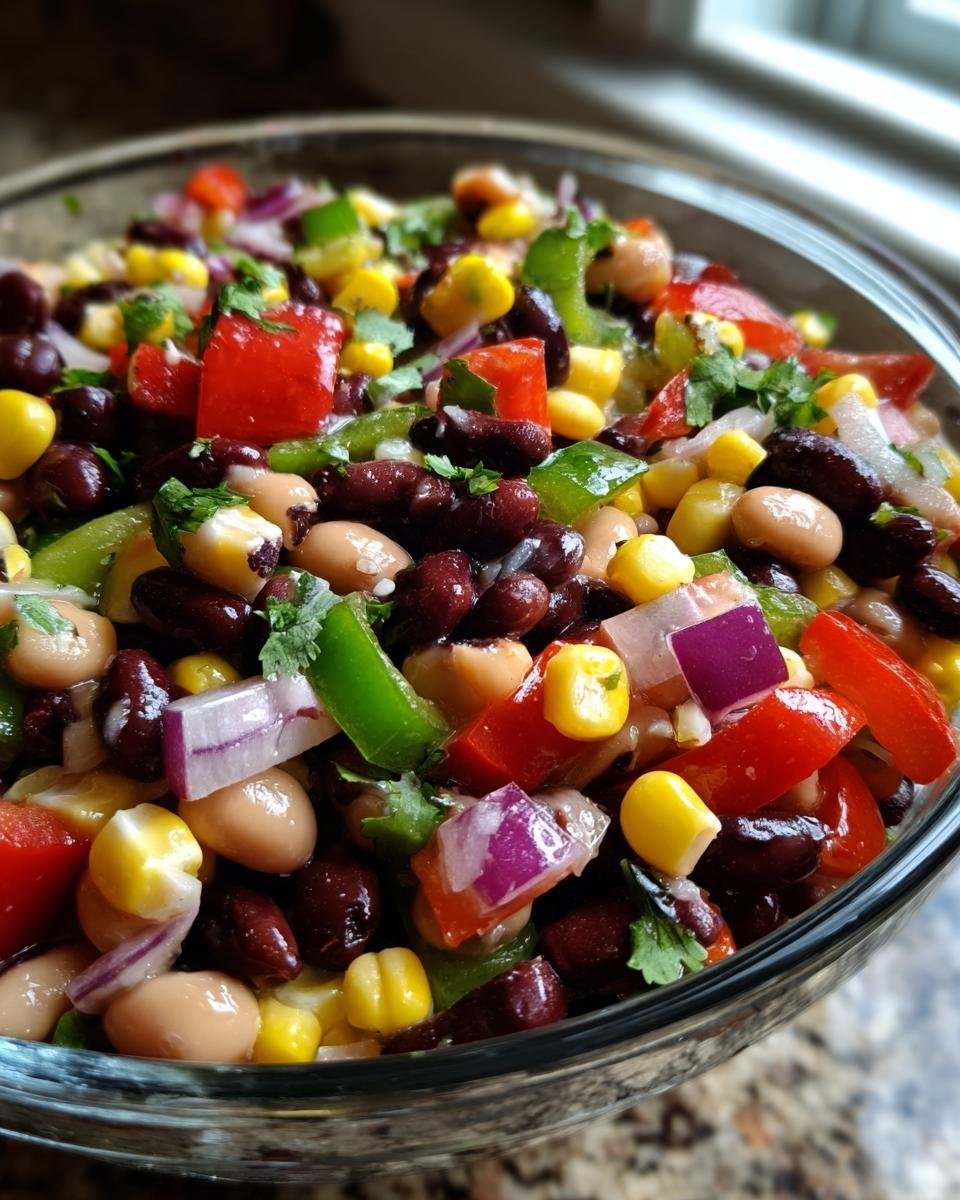 Close-up of Ultimate Cowboy Caviar, a colorful mix of beans, corn, peppers, and red onion.