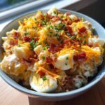A bowl of Ultimate Loaded Potato Salad, featuring potatoes, hard-boiled eggs, shredded cheese, bacon bits, and chives.