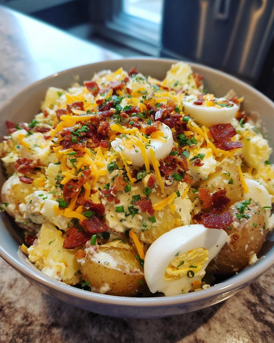 Close-up of a bowl filled with Ultimate Loaded Potato Salad, featuring potatoes, bacon, cheese, and hard-boiled eggs.