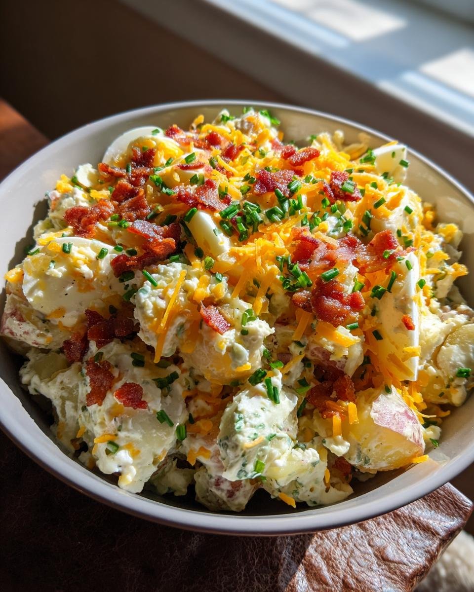 A bowl of Ultimate Loaded Potato Salad Recipe topped with crumbled bacon, shredded cheese, and chives.