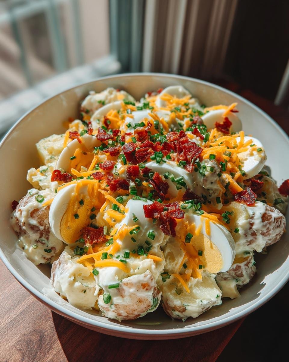 A bowl of Ultimate Loaded Potato Salad with creamy dressing, potatoes, hard-boiled eggs, shredded cheese, bacon bits, and chives.