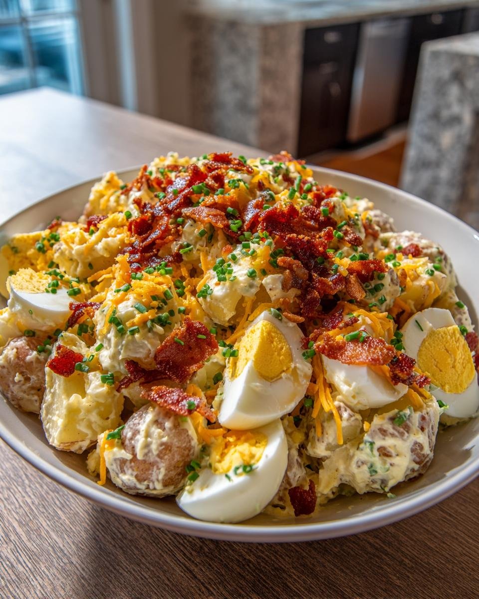 A large bowl of Ultimate Loaded Potato Salad, topped with bacon, cheese, chives, and hard-boiled eggs.