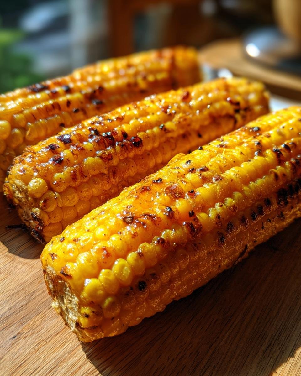 Close-up of three cobs of Ultimate Memorial Day Oven Roasted Corn on the Cob, perfectly grilled with char marks.
