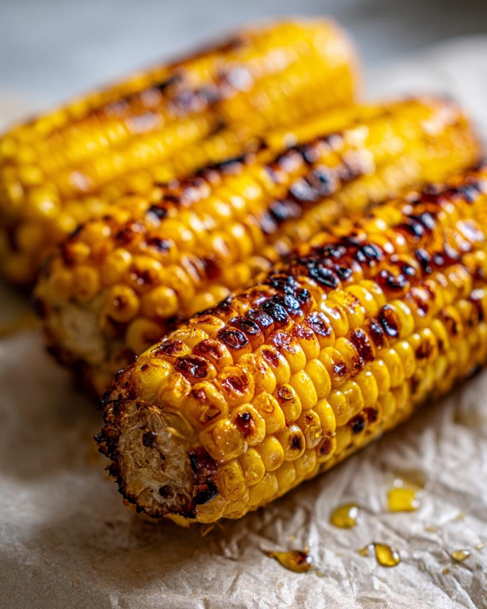 Close-up of three ears of Ultimate Memorial Day Oven Roasted Corn on the cob, glistening with butter and slightly charred.