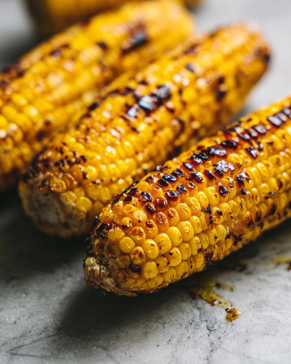 Close-up of three ears of Ultimate Memorial Day Oven Roasted Corn On The Cob, with char marks from roasting.