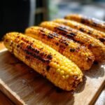 Close-up of four ears of oven roasted corn on the cob with grill marks and seasoning, ready for Memorial Day.