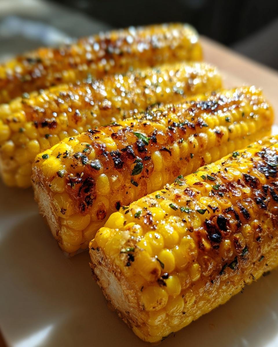 Close-up of four ears of Ultimate Memorial Day Oven Roasted Corn on the Cob, seasoned with herbs.