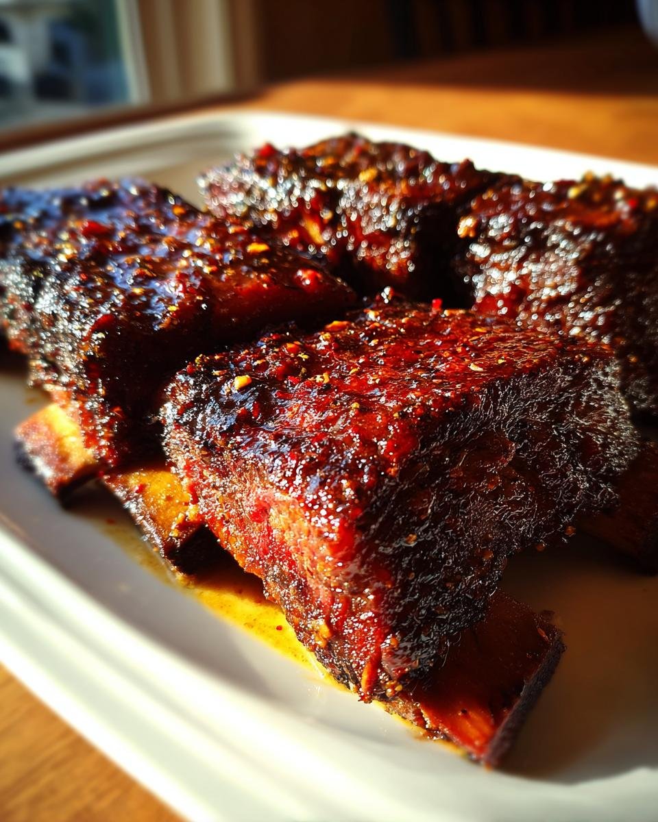 Close-up of Ultimate Smoked Beef Short Ribs Recipe For Flavor Lovers, glistening with a dark, spicy glaze and visible spice flecks.
