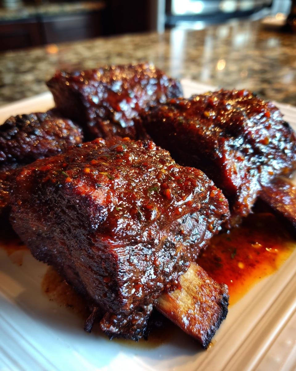 Close-up of Ultimate Smoked Beef Short Ribs Recipe, glazed with a rich, glossy sauce and herbs.