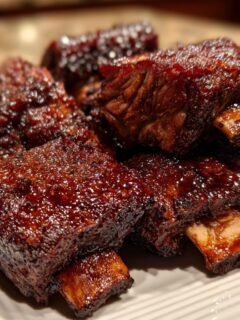 Close-up of a pile of glistening Ultimate Smoked Beef Short Ribs, showing the rich, dark glaze and tender meat.