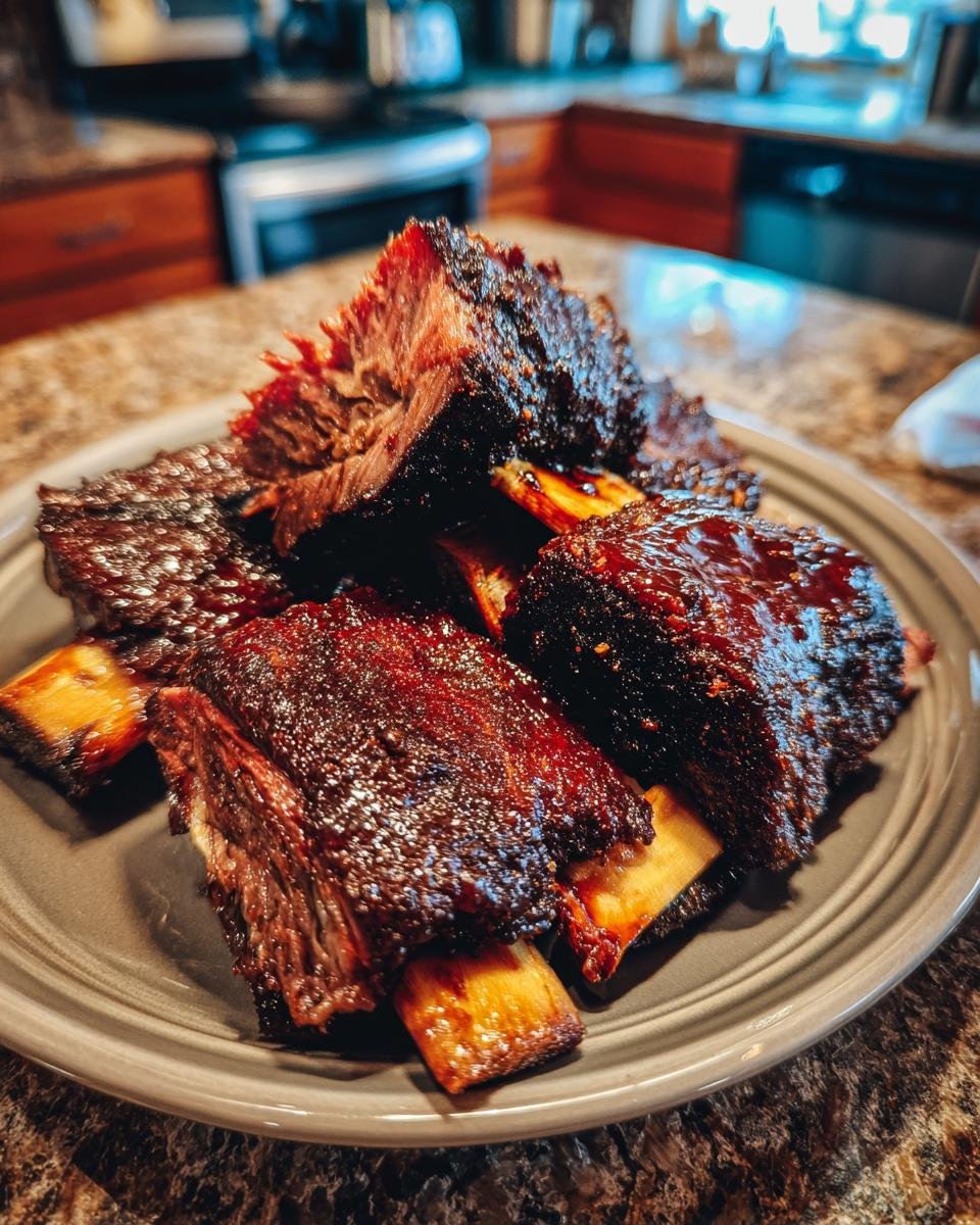 A plate piled high with juicy, tender Ultimate Smoked Beef Short Ribs, glistening with a dark, rich glaze.