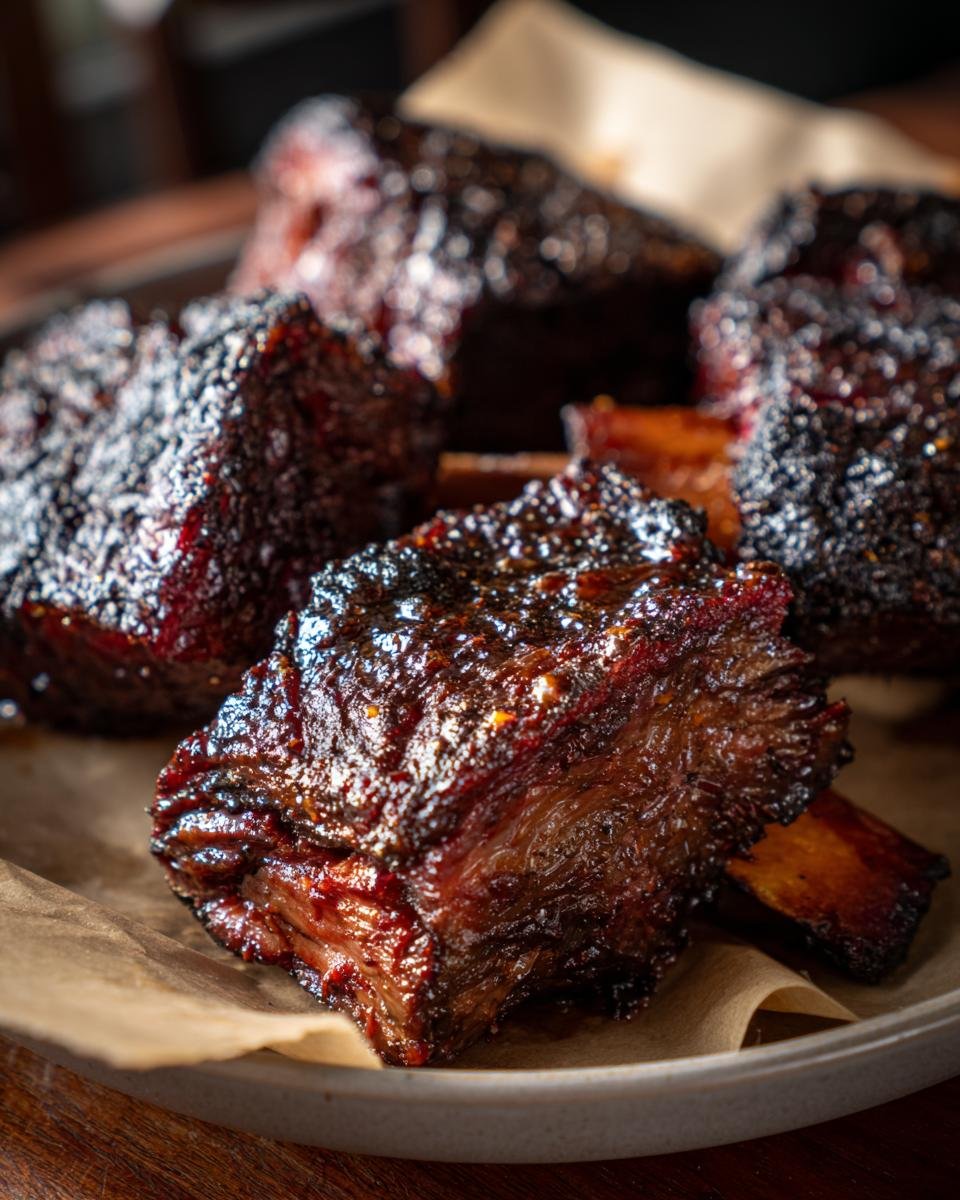 Close-up of succulent Ultimate Smoked Beef Short Ribs, glistening with a dark, rich glaze, served on parchment paper.