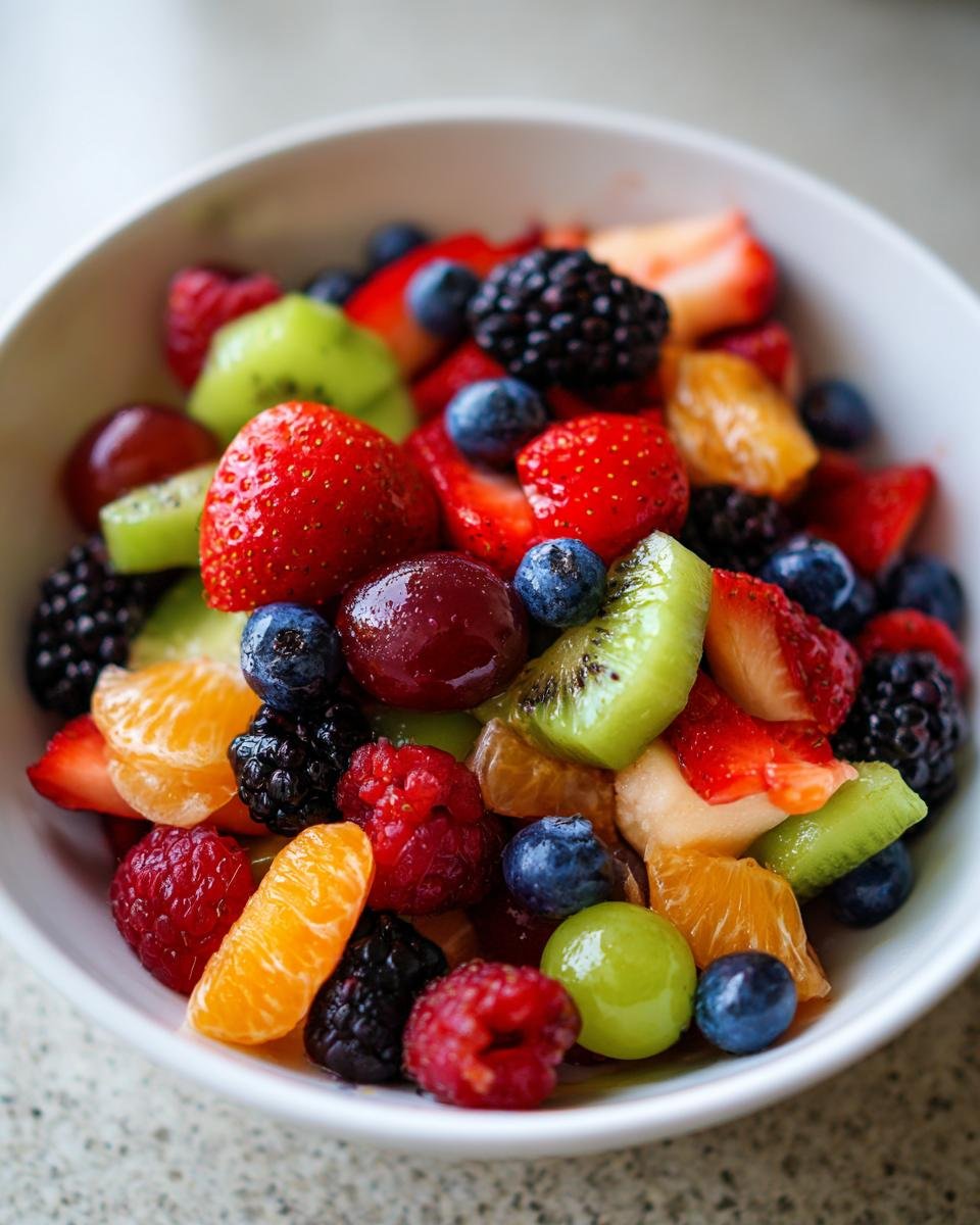 A close-up of a white bowl filled with a Vibrant Fresh Fruit Salad, featuring strawberries, blueberries, kiwi, oranges, raspberries, blackberries, and grapes.